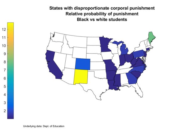 States with disproportionate corporal punishment relative probability of punishment black vs white students