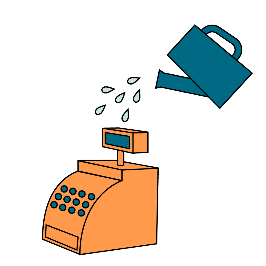 Illustration of watering can and a cash register