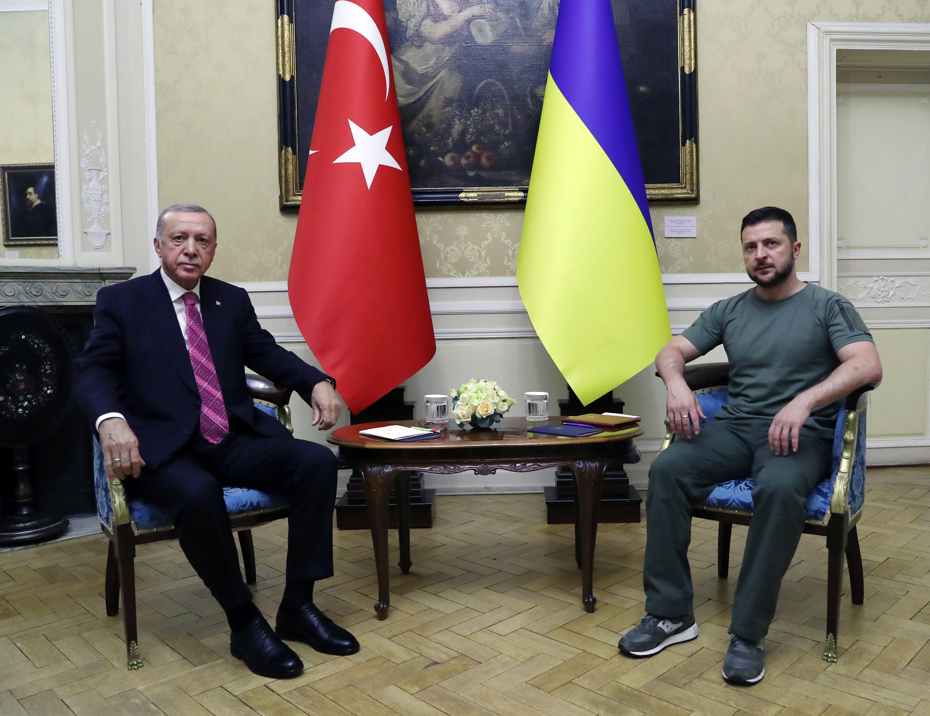 Ukraine President Volodymyr Zelenskiy  and Turkish President Recep Tayyip Erdogan holds talks before signing a deal between the two countries on Thursday August 18, 2022 in Lviv, western city of Ukraine, to help rebuild Ukraine's infrastructure damaged by Russia's attack. The document was signed by Minister of Infrastructure of Ukraine Oleksandr Kubrakov and Minister of Trade of the Republic of Turkey Mehmet Mus. The bridge connecting Bucha and Irpin destroyed at the beginning of the Russian invasion is considered the first significant piece of infrastructure earmarked to be restored as part of the agreement. The meeting between the three leaders, held far from the front lines in the western Ukrainian city of Lviv, near the Polish border, marked the first visit to Ukraine by Erdogan since the outbreak of the war, and the second by Guterres, with grain exports and concerns about the Zaporizhzhia nuclear power plant leading the agenda.