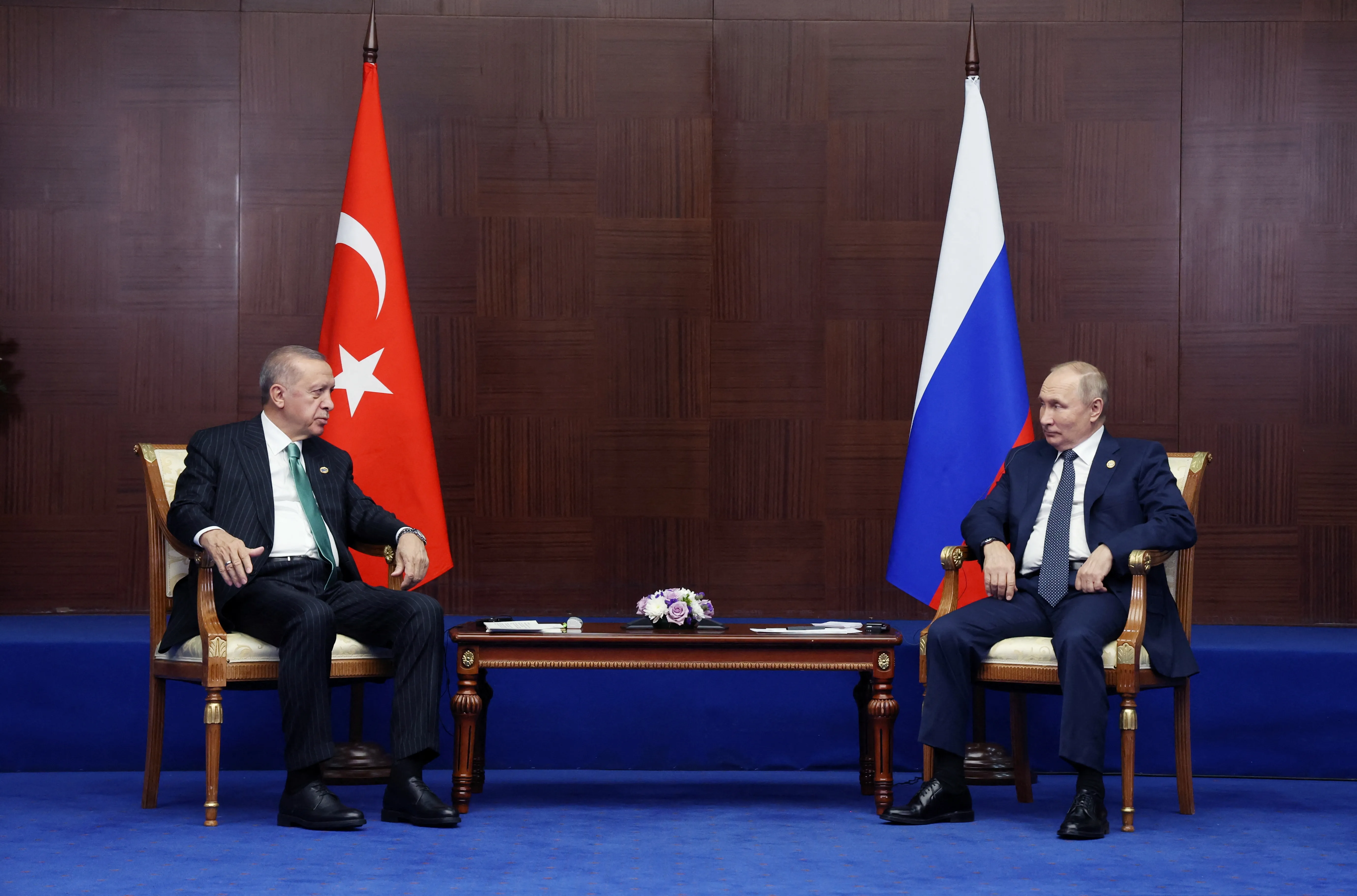 Russia's President Vladimir Putin and Turkey's President Tayyip Erdogan meet on the sidelines of the 6th summit of the Conference on Interaction and Confidence-building Measures in Asia (CICA), in Astana, Kazakhstan October 13, 2022.   Sputnik/Vyacheslav Prokofyev/Pool via REUTERS ATTENTION EDITORS - THIS IMAGE WAS PROVIDED BY A THIRD PARTY.
