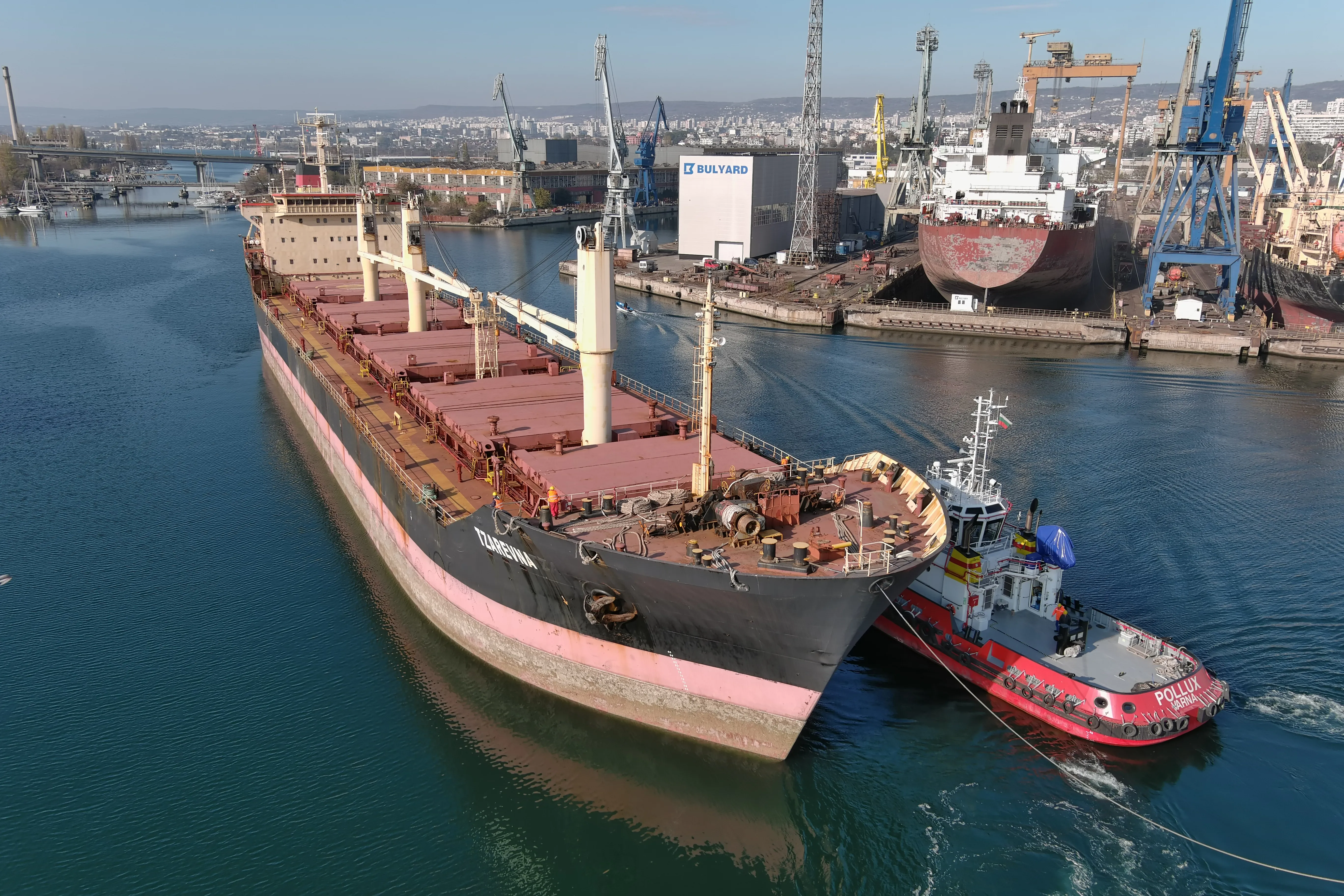 Bulgarian cargo ship ''Tsarevna'', which was blocked at the port of Mariupol, Ukraine, for more than 8 months, from Feb. 24, 2022, just arrived and docked in Bulgarain Black sea port Varna where the ship will be repired from gun and explosive damages. (Photo by Petar Petrov/Impact Press Group/NurPhoto)NO USE FRANCE