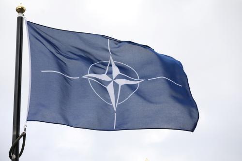 The NATO flag is displayed during the NATO Summit at the World Forum in The Hague, The Netherlands, on June 23, 2025.