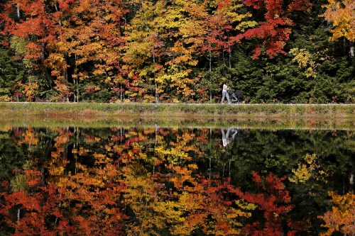 A woman pushes a baby stroller around Dream Lake amid fall foliage.