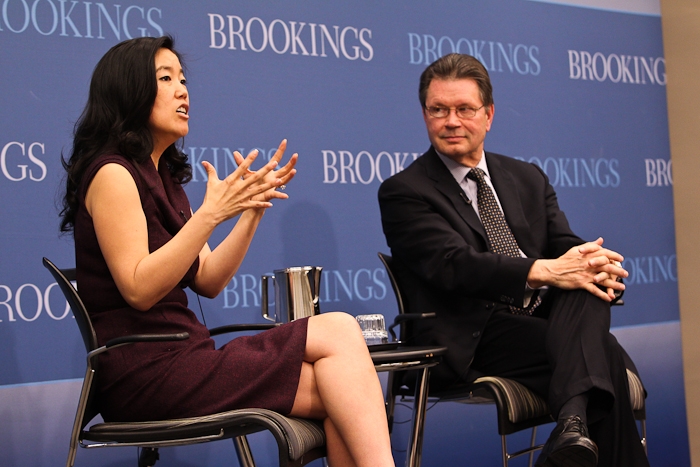 Grover "Russ" Whitehurst listens as Michelle Rhee discusses school districts at Brookings on March 27, 2013.