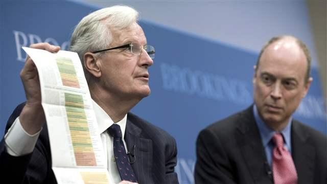 European Union Commissioner for Internal Market and Services Michel Barnier with Douglas Elliott
