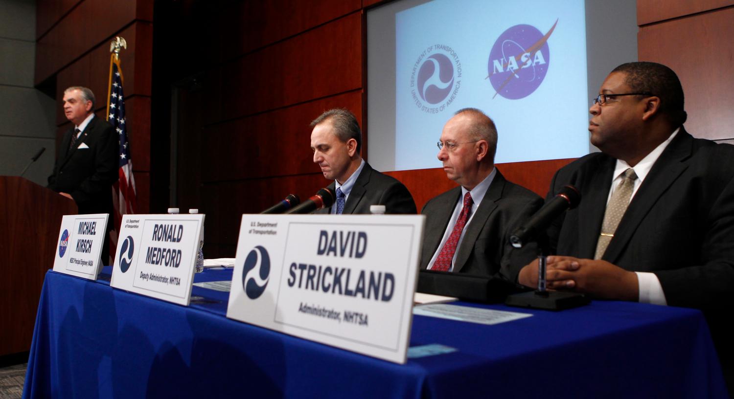 U.S. Secretary of Transportation Ray LaHood (L) speaks at a news conference held to discuss the findings of the study on alleged unintended acceleration in Toyota vehicles in Washington February 8, 2011