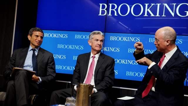 Brookings Institution Fellow Douglas Elliott (right) moderates a discussion on structural issues in U.S. Treasury bond markets with Federal Reserve Governor Jerome Powell (middle) and Counselor to the Secretary of the U.S. Treasury Antonio Weiss (left). August 3, 2015