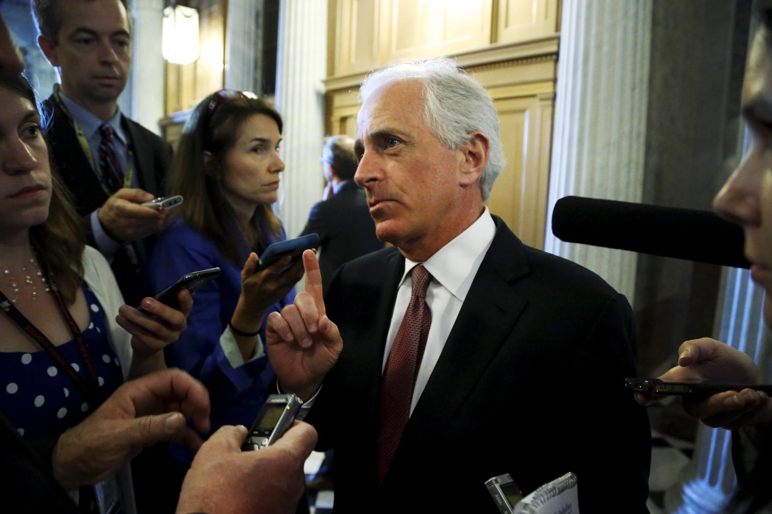 U.S. Senator Bob Corker (R-TN) talks to reporters after the weekly Republican caucus policy luncheon at the U.S. Capitol in Washington May 12, 2015. REUTERS/Jonathan Ernst