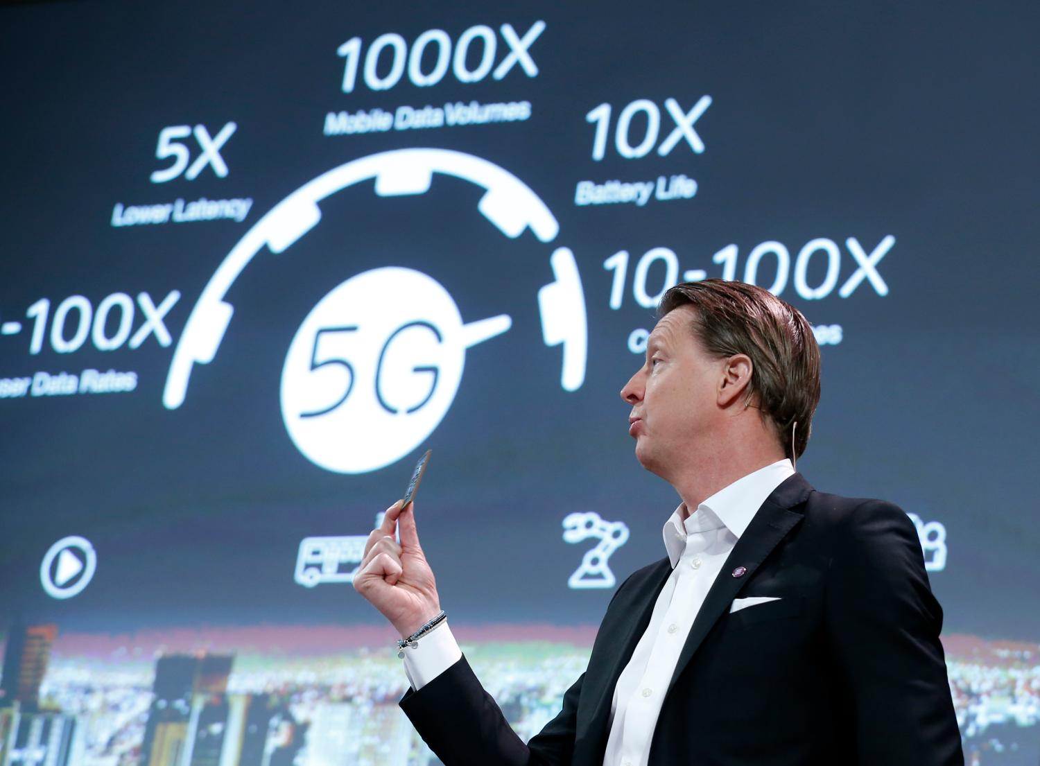 Ericsson's President & CEO Hans Vestberg shows a 5G chip
