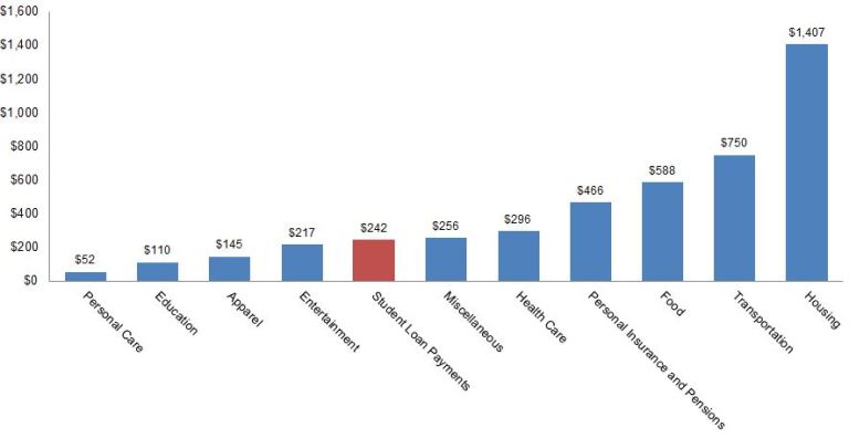 Средние месячные расходы американцев (красным выплаты по студенческому кредиту, первые три места - жильё, транспорт, пища)