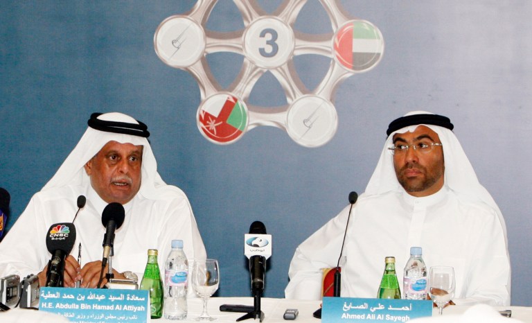 Qatari Oil Minister Abdullah bin Hamad al-Attiyah (L) and Dolphin Energy Chief Executive Ahmed Ali Al Sayegh hold a news conference about the inauguration of the Dolphin Energy plant in Doha May 12, 2008. Photo credit: Reuters.