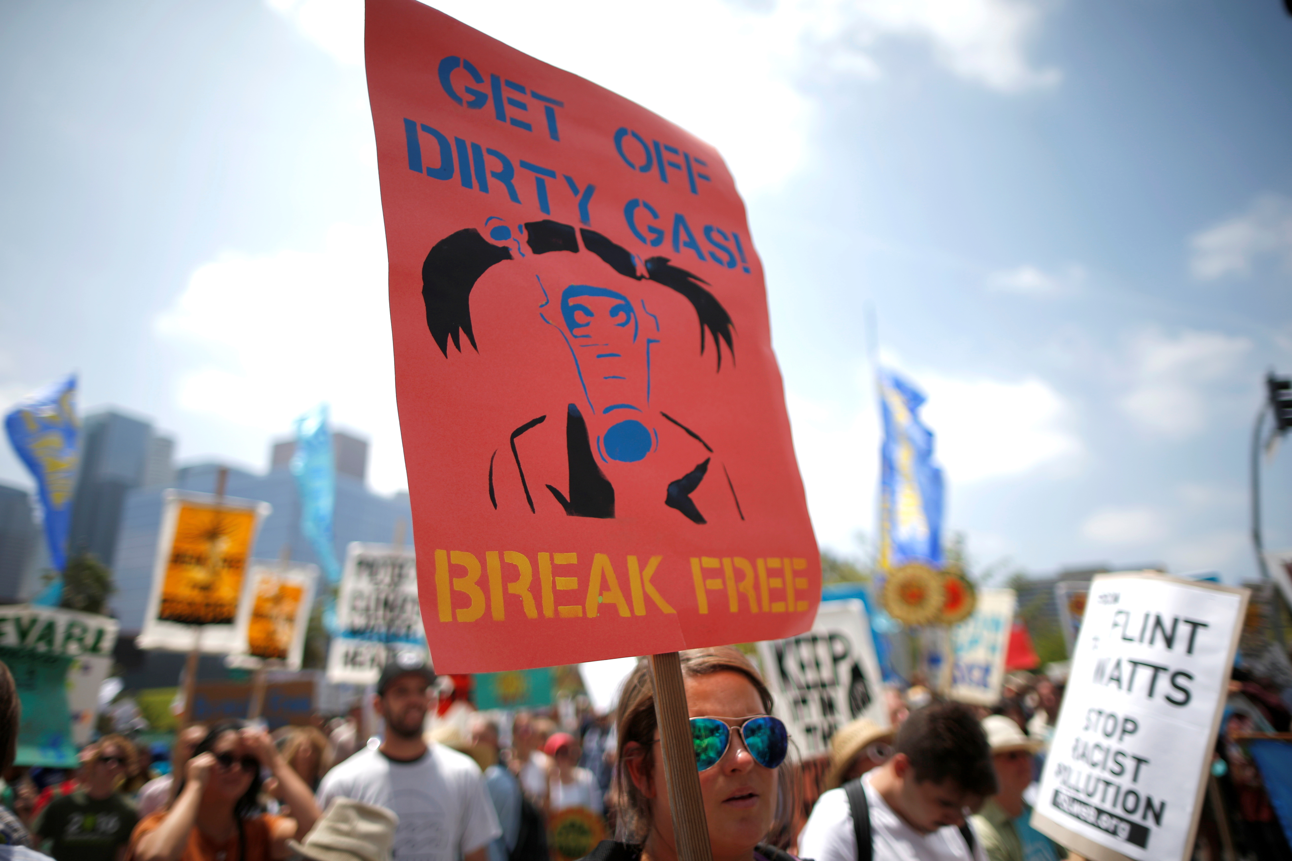 People protest against fracking and neighborhood oil drilling in Los Angeles, California, U.S., May 14, 2016.