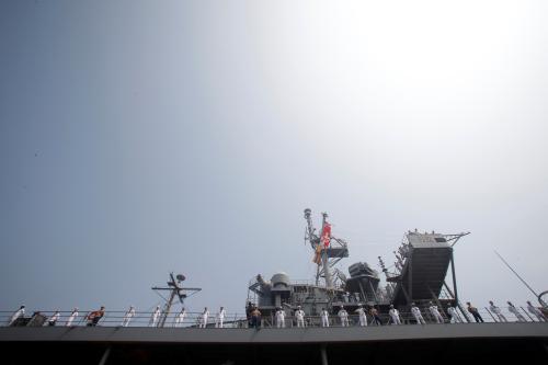 REUTERS/John Ruwitch - U.S. Navy officers stand on deck during USS Blue Ridge's visit to Shanghai, China, May 6, 2016.