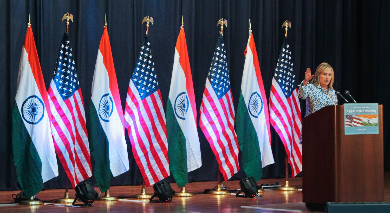 U.S. Secretary of State Hillary Clinton gives a lecture at the Anna Centenary Library in the southern Indian city of Chennai July 20, 2011. Clinton told India on Wednesday "It's time to lead," urging the government to do more to integrate economically with neighbours Afghanistan and Pakistan and take a more assertive role across the Asia-Pacific. REUTERS/Babu (INDIA - Tags: POLITICS) - RTR2P2WO