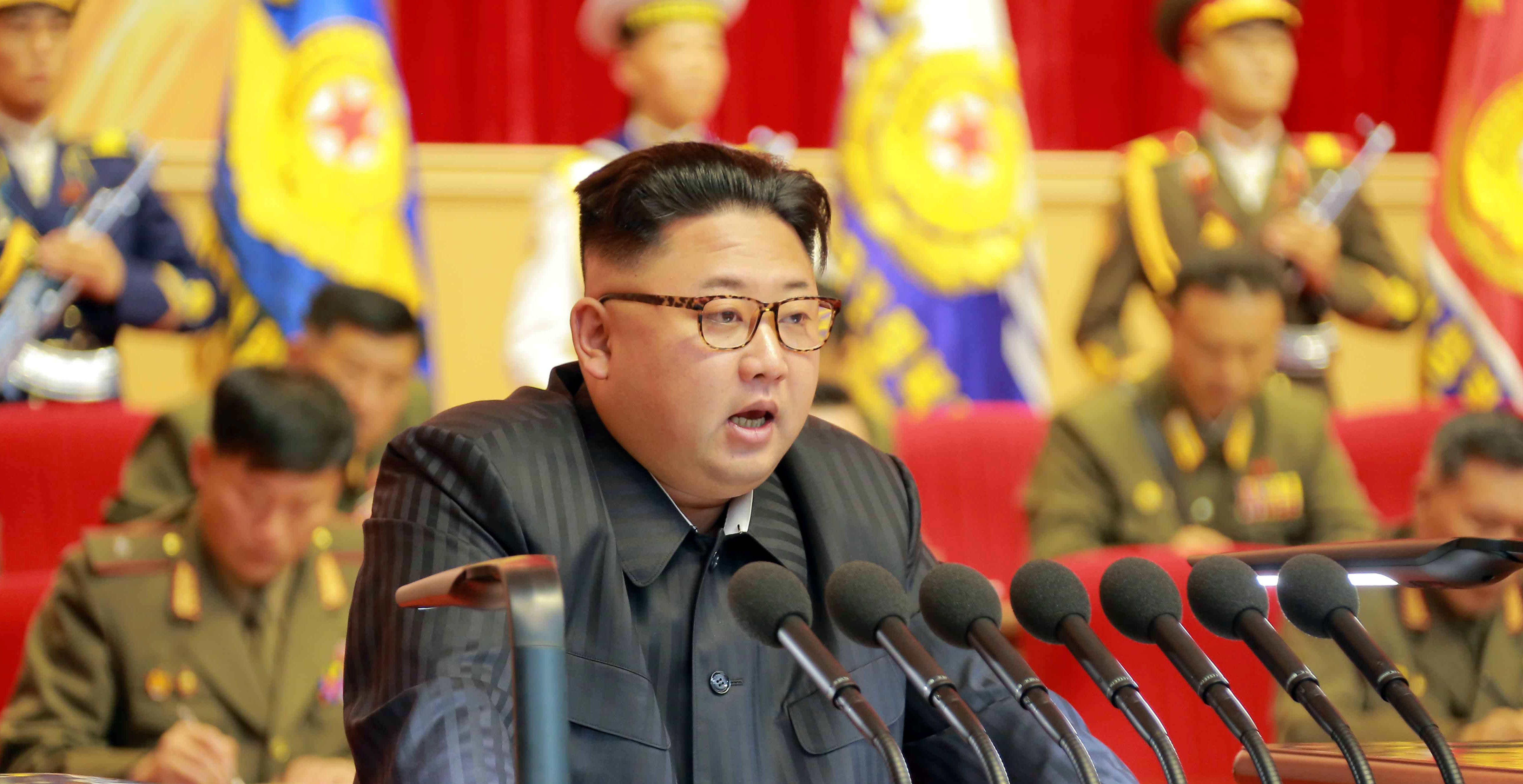 North Korean leader Kim Jong Un guides the 3rd Meeting of Activists of the Korean People's Army (KPA) in the Movement for Winning the Title of O Jung Hup-led 7th Regiment in this undated photo released by North Korea's Korean Central News Agency (KCNA) in Pyongyang on August 4, 2016. KCNA/ via REUTERS ATTENTION EDITORS - THIS PICTURE WAS PROVIDED BY A THIRD PARTY. REUTERS IS UNABLE TO INDEPENDENTLY VERIFY THE AUTHENTICITY, CONTENT, LOCATION OR DATE OF THIS IMAGE. FOR EDITORIAL USE ONLY. NOT FOR SALE FOR MARKETING OR ADVERTISING CAMPAIGNS. THIS PICTURE IS DISTRIBUTED EXACTLY AS RECEIVED BY REUTERS, AS A SERVICE TO CLIENTS. NO THIRD PARTY SALES. SOUTH KOREA OUT. NO COMMERCIAL OR EDITORIAL SALES IN SOUTH KOREA. - RTSL0Q0