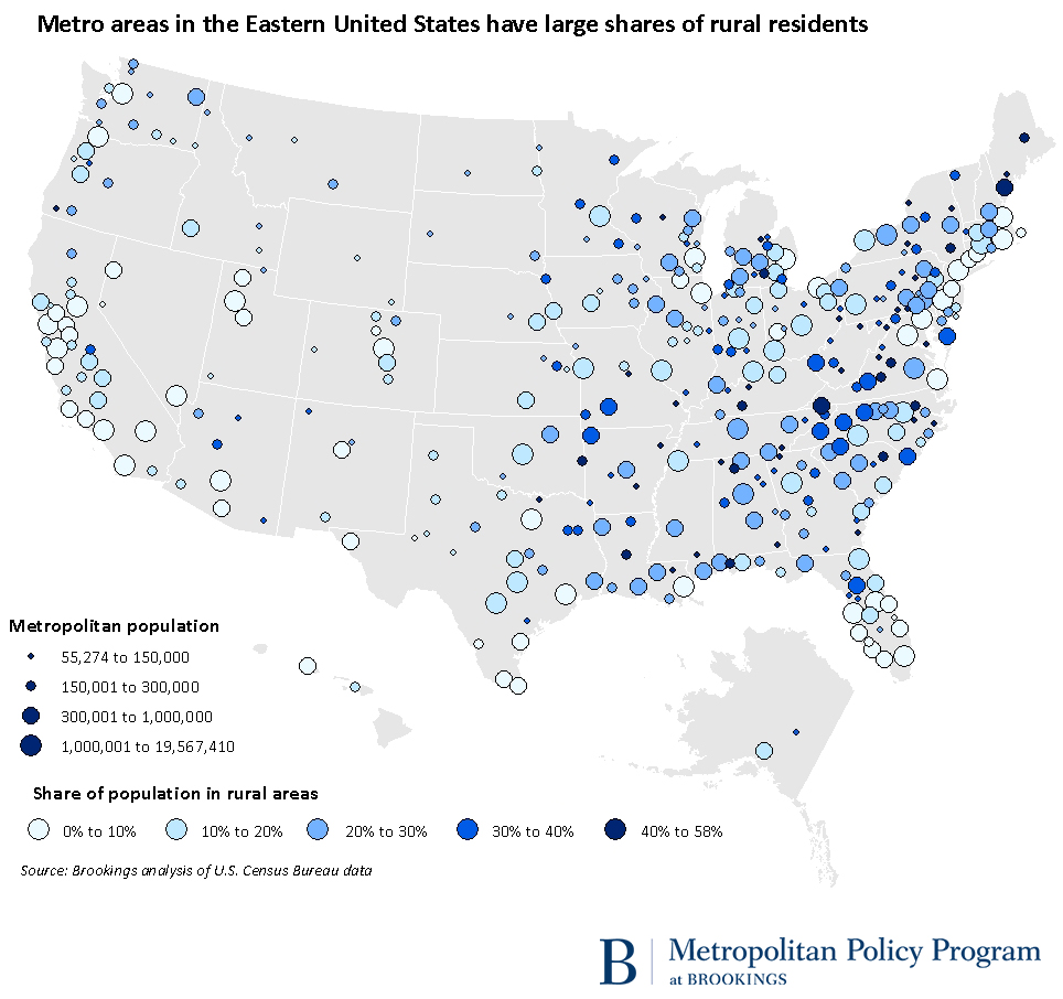 Metro areas in the Eastern United States have large shares of rural residents