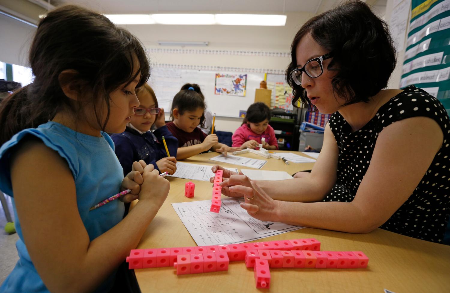 Teacher Jenna Rosenberg speaks to her first grade class at Walsh Elementary School in Chicago, Illinois