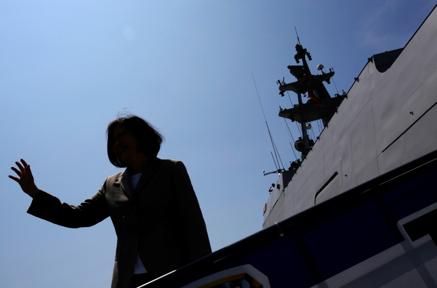 REUTERS/Tyrone Siu - President Tsai Ing-wen boards a twin-hull corvette