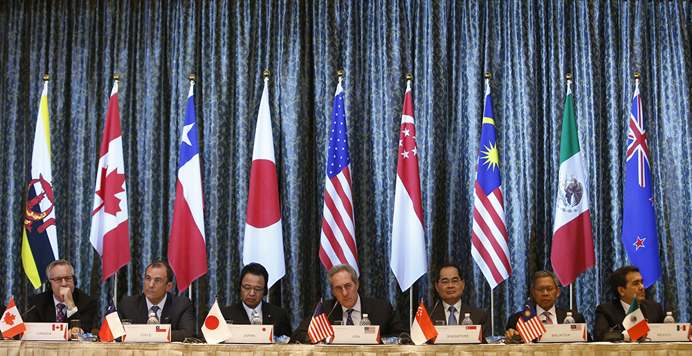 TPP delegates in front of country flags