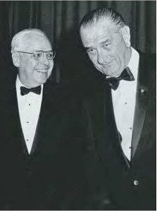 Brookings President Robert D. Calkins (l) with President Lyndon B. Johnson at the Brookings 50th Anniversary Celebration, September 1966 (Reni News Photo Service)