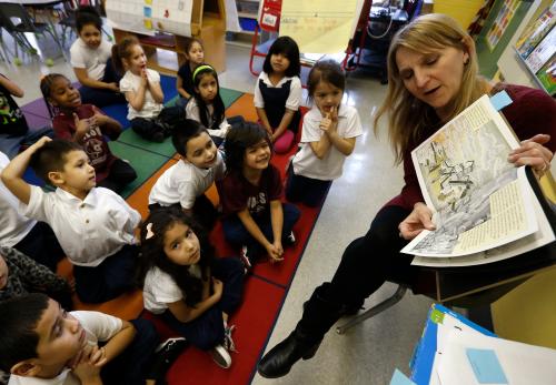 Teacher Audrey Benes speaks to her kindergarten class at Walsh Elementary School in Chicago, Illinois