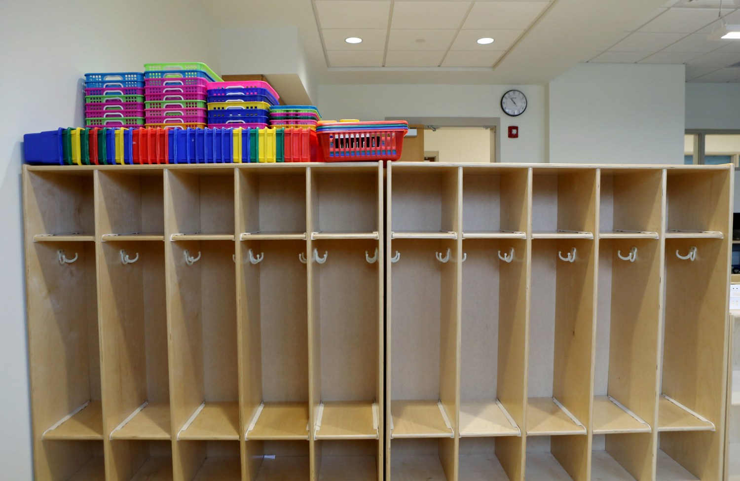 Student lockers and supplies in a second grade classroom of the newly constructed Sandy Hook Elementary School are pictured in Newtown