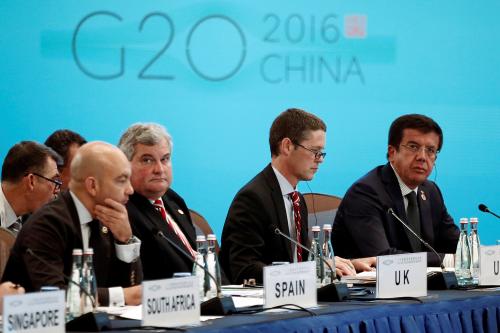 Spanish Secretary of State for Commerce Jaime Garcia-Legaz, British Trade and Investment Minister Mark Price, U.S. Deputy Trade Representative Michael Punke, Turkish Economy Minister Nihat Zeybekci (front L-R) attend the opening ceremony of the 2016 G20 Trade Ministers Meeting in Shanghai, China July 9, 2016. REUTERS/Aly Song - RTSH1BH