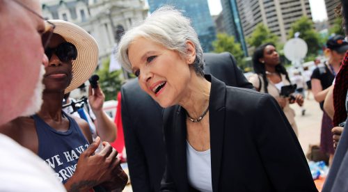Jill Stein speaks to supporters outdoors in Philadelphia.