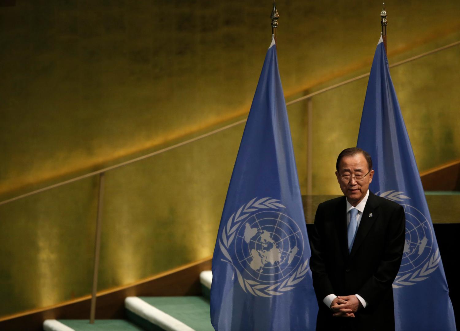 U.N. Secretary General Ban Ki-moon stands on the sidelines at a "High-Level Event on Entry into Force of the Paris Agreement on Climate Change" meeting at United Nations headquarters in the Manhattan borough of New York, U.S., September 21, 2016. REUTERS/Mike Segar