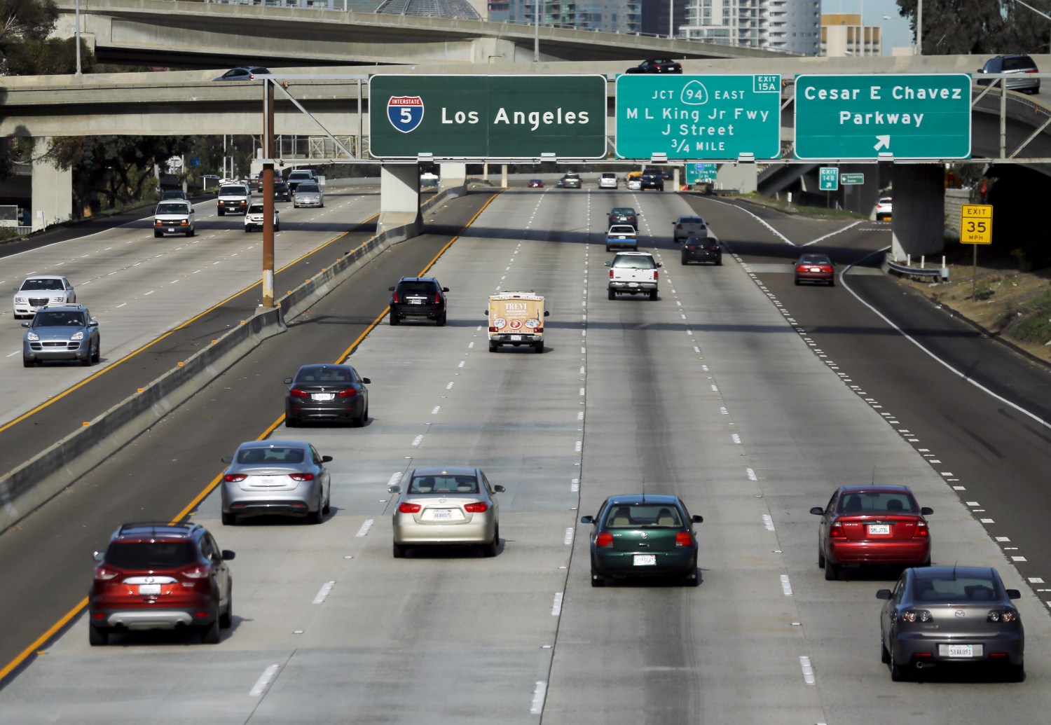 Cars travel north towards Los Angeles on interstate highway 5
