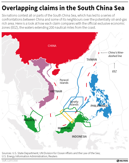 Map showing the overlapping claims by country on the South China Sea.