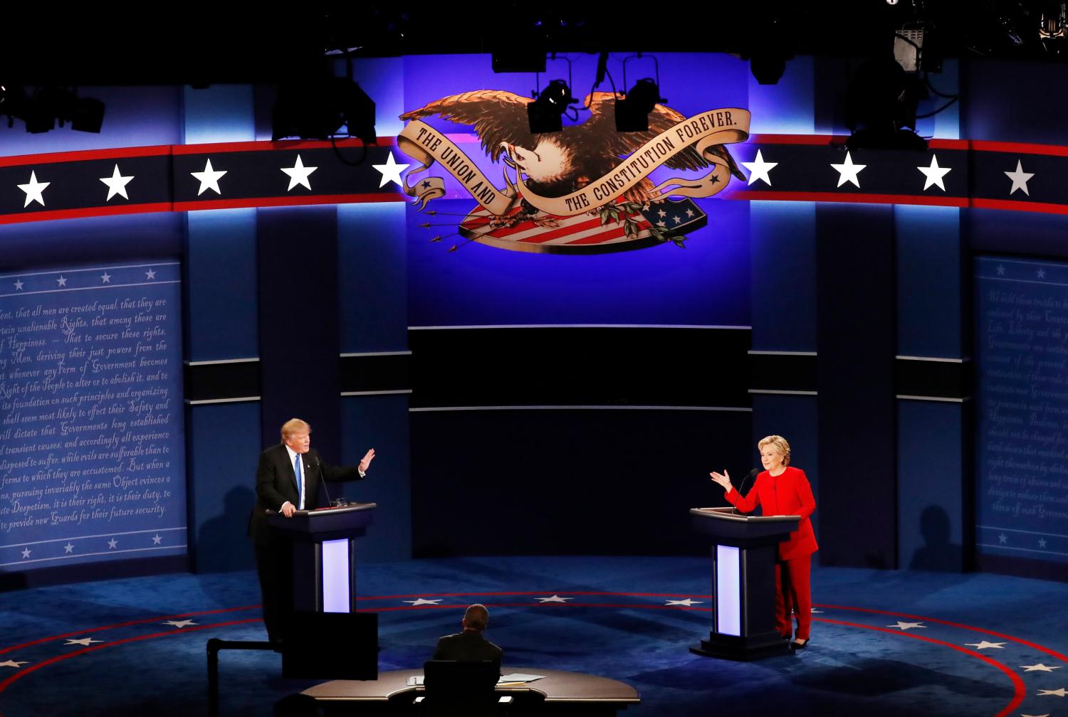 Republican U.S. presidential nominee Trump and Democratic presidential nominee Clinton speak during first presidential debate at Hofstra University in Hempstead