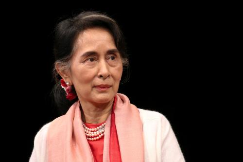 REUTERS/Bria Webb - Myanmar's Aung San Suu Kyi speaks during an event at the Asia Society Policy Institute