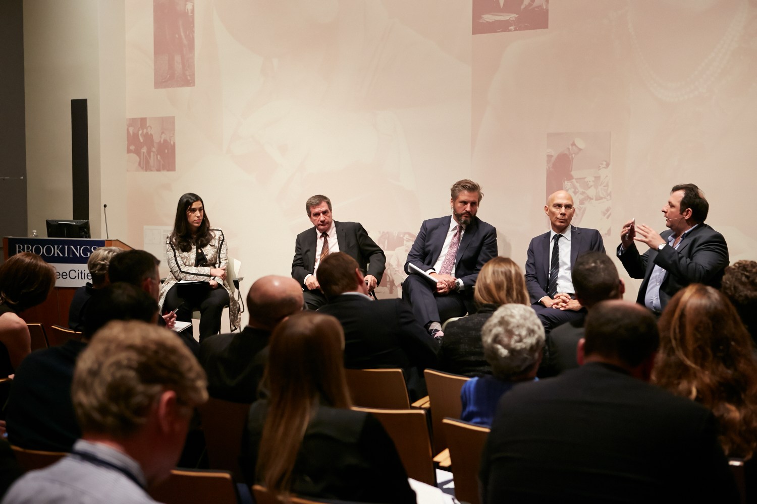 Panelists from the Brookings Cities and Refugees Forum: (l-r) Lara Setrakian; Mayor Georgios Kaminis; Michael Berkowitz; Volker Türk; M Mazen Darwish