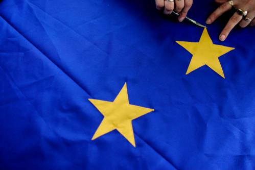 Image: Bulgarian seamstress working on EU flag