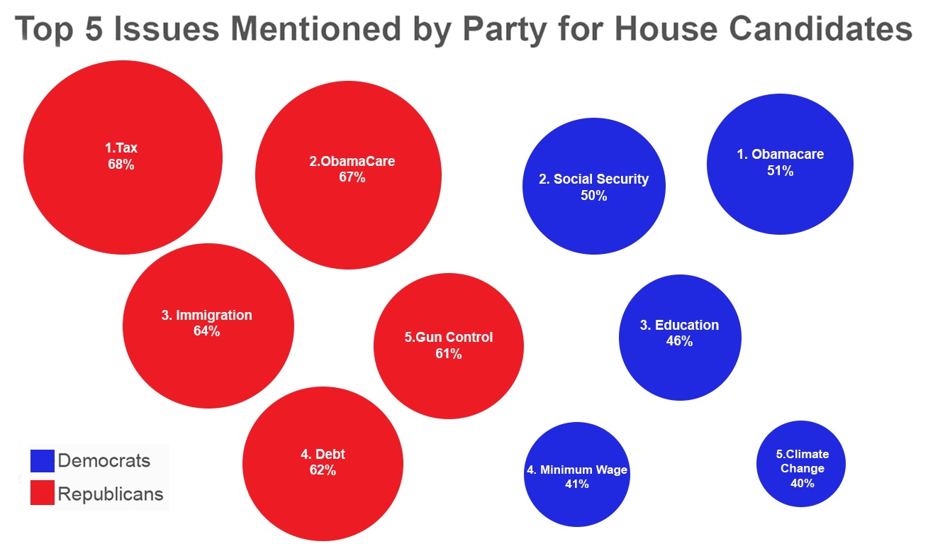 Chart showing the top 5 ranked issues for each party, as described in the text.