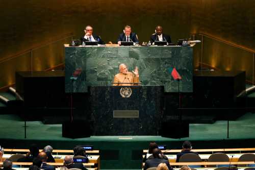 Narendra Modi, Prime Minister of India, addresses a plenary meeting of the United Nations Sustainable Development Summit 2015 at United Nations headquarters in Manhattan