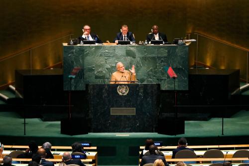 Narendra Modi, Prime Minister of India, addresses a plenary meeting of the United Nations Sustainable Development Summit 2015 at United Nations headquarters in Manhattan