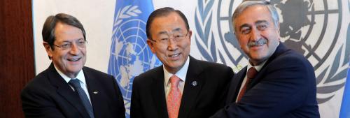 Cyprus' President Nicos Anastasiades and Turkish Cypriot leader Mustafa Akinci attend a meeting with United Nations Secretary-General Ban Ki-moon at the United Nations in Manhattan, New York, U.S., September 25, 2016. REUTERS/Andrew Kelly