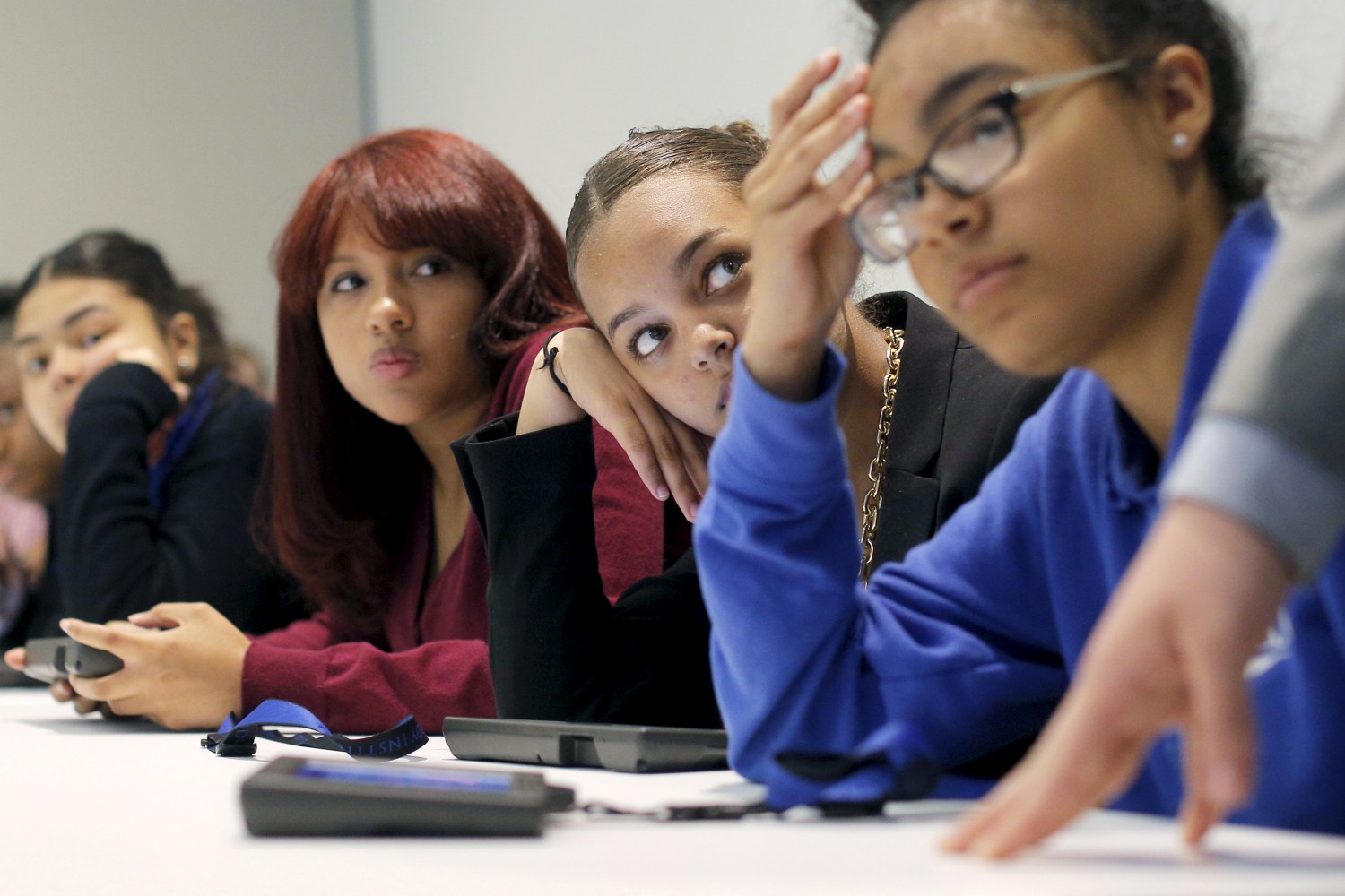 High school students from the City on a Hill Charter Public School play the role of U.S. senators during a mock legislative session of the U.S. Senate chamber at the Edward M. Kennedy Institute in Boston, Massachusetts