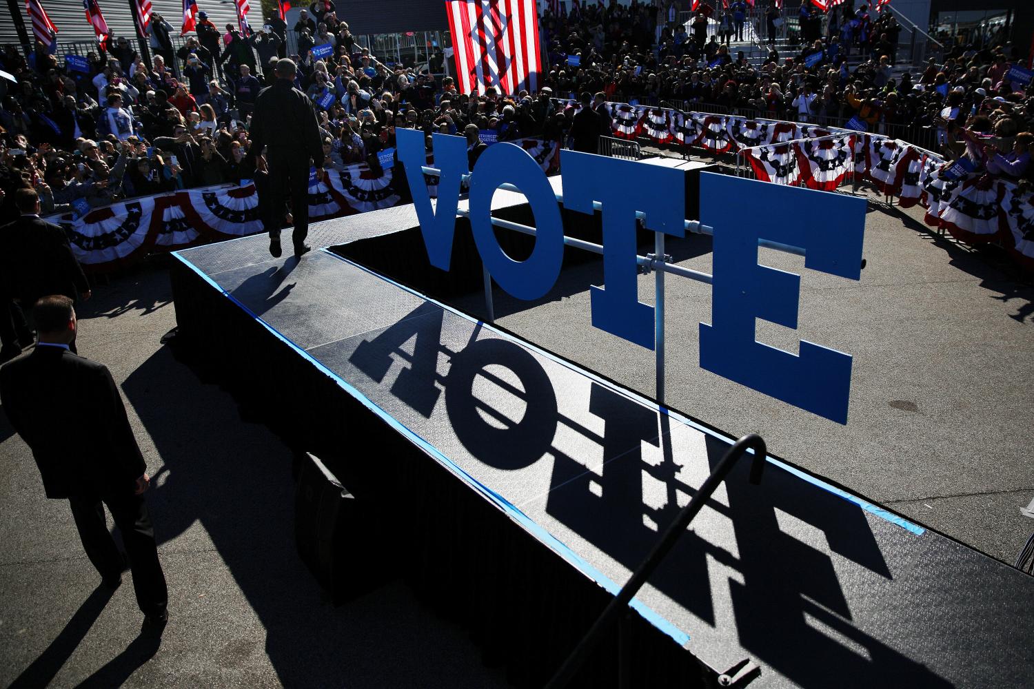 Image of a "vote" sign after a speech by Pres. Obama in Ohio