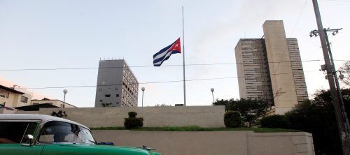 The Cuban flag flies at half mast after the death of Cuba's former President Fidel Castro was announced in Havana, Cuba, November 26, 2016. REUTERS/Enrique De La Osa TPX IMAGES OF THE DAY - RTSTE8O