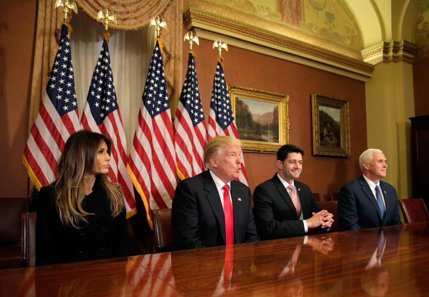 (L-R) Melania Trump, U.S. President-elect Donald Trump meets with Speaker of the House Paul Ryan (R-WI) and Vice-President elect Mike Pence on Capitol Hill in Washington, U.S., November 10, 2016.