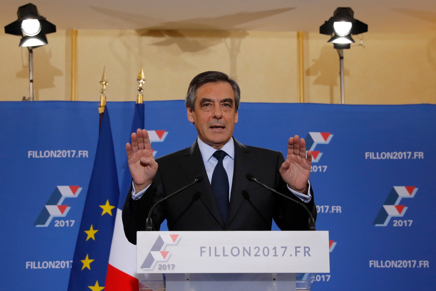 Francois Fillon, former French prime minister and member of Les Republicains political party, reacts as he delivers his speech after partial results in the second round for the French center-right presidential primary election in Paris, France, November 27, 2016. Fillon, a socially conservative free-marketeer, is to be the presidential candidate of the French centre-right in next year's election, according to partial results of a primaries' second-round vote showed on Sunday. REUTERS/Christian Hartmann - RTSTKN8