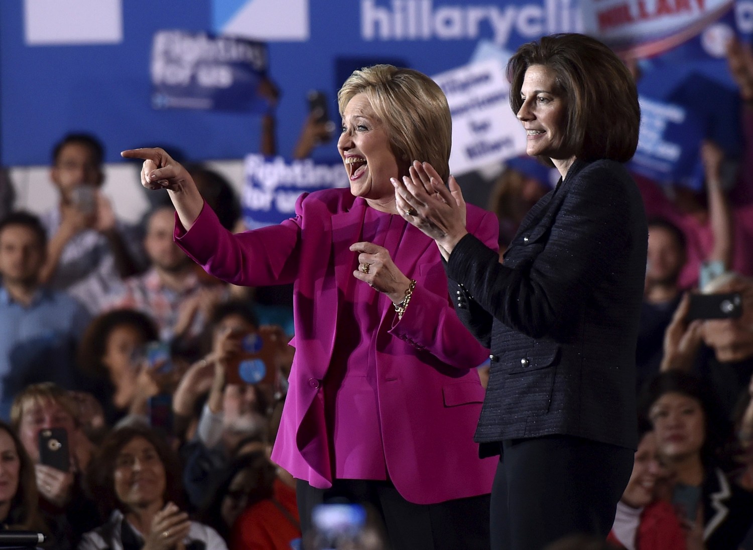 U.S. Democratic presidential candidate Hillary Clinton (L) appears on stage with Nevada Senate candidate Catherine Cortez Masto at a campaign rally at the Laborers International Union hall in Las Vegas, Nevada February 18, 2016. REUTERS/David Becker/File Photo - RTSK54Q
