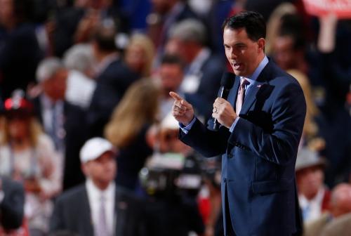 Wisconsin Governor Scott Walker speaks during the third day of the Republican National Convention in Cleveland, Ohio, U.S., July 20, 2016. REUTERS/Carlo Allegri - RTSIY2Q