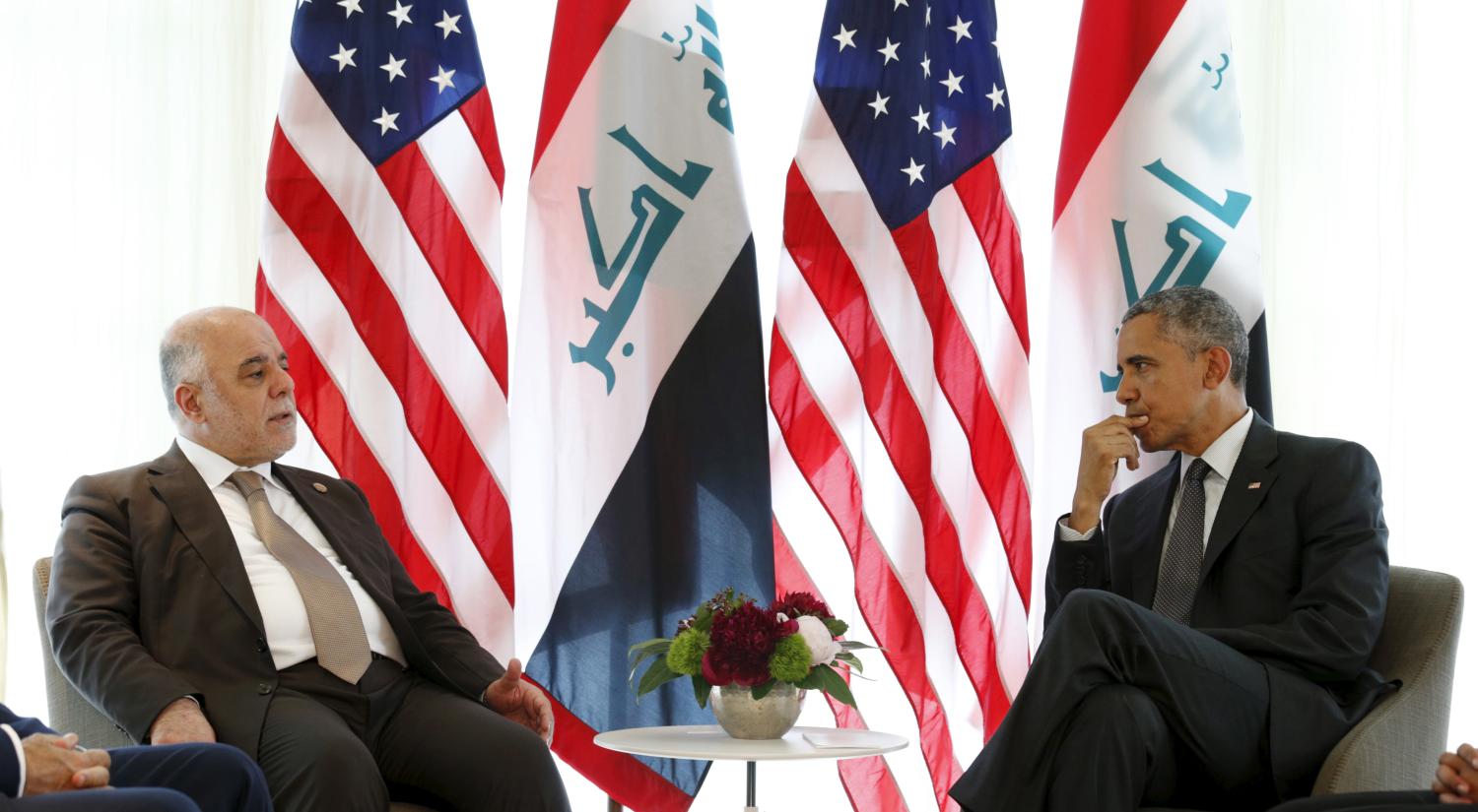 U.S. President Barack Obama (R) meets with Iraqi Prime Minister Haider al-Abadi during the Group of Seven (G7) Summit in the Bavarian town of Kruen, Germany June 8, 2015.