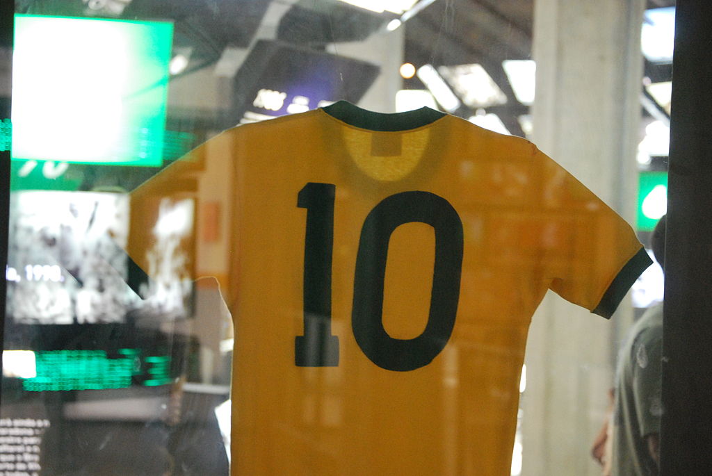 The number 10 seen on football jersey worn by Pele