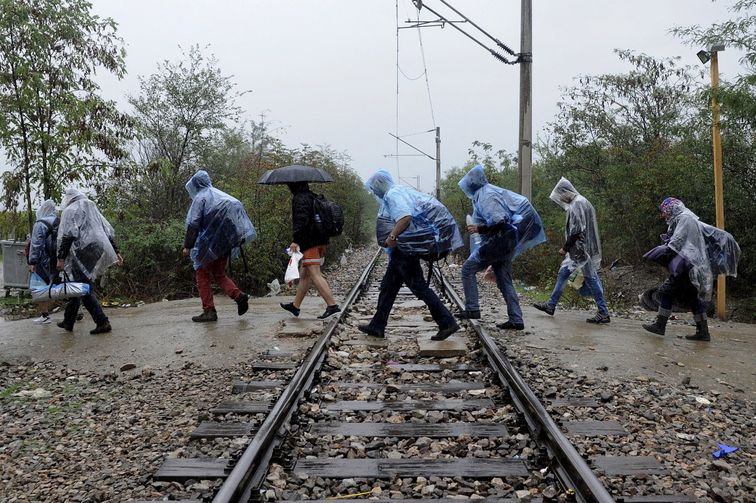 A group of Syrian refugees wearing plastic raincoats to protect from heavy rainfall, walk across a railway line into Macedonia near the Greek village of Idomeni, September 26, 2015. A record number of at least 430,000 refugees and migrants have taken rickety boats across the Mediterranean to Europe this year, 309,000 via Greece, according to International Organization for Migration figures. REUTERS/Alexandros Avramidis TPX IMAGES OF THE DAY - RTX1SLYV
