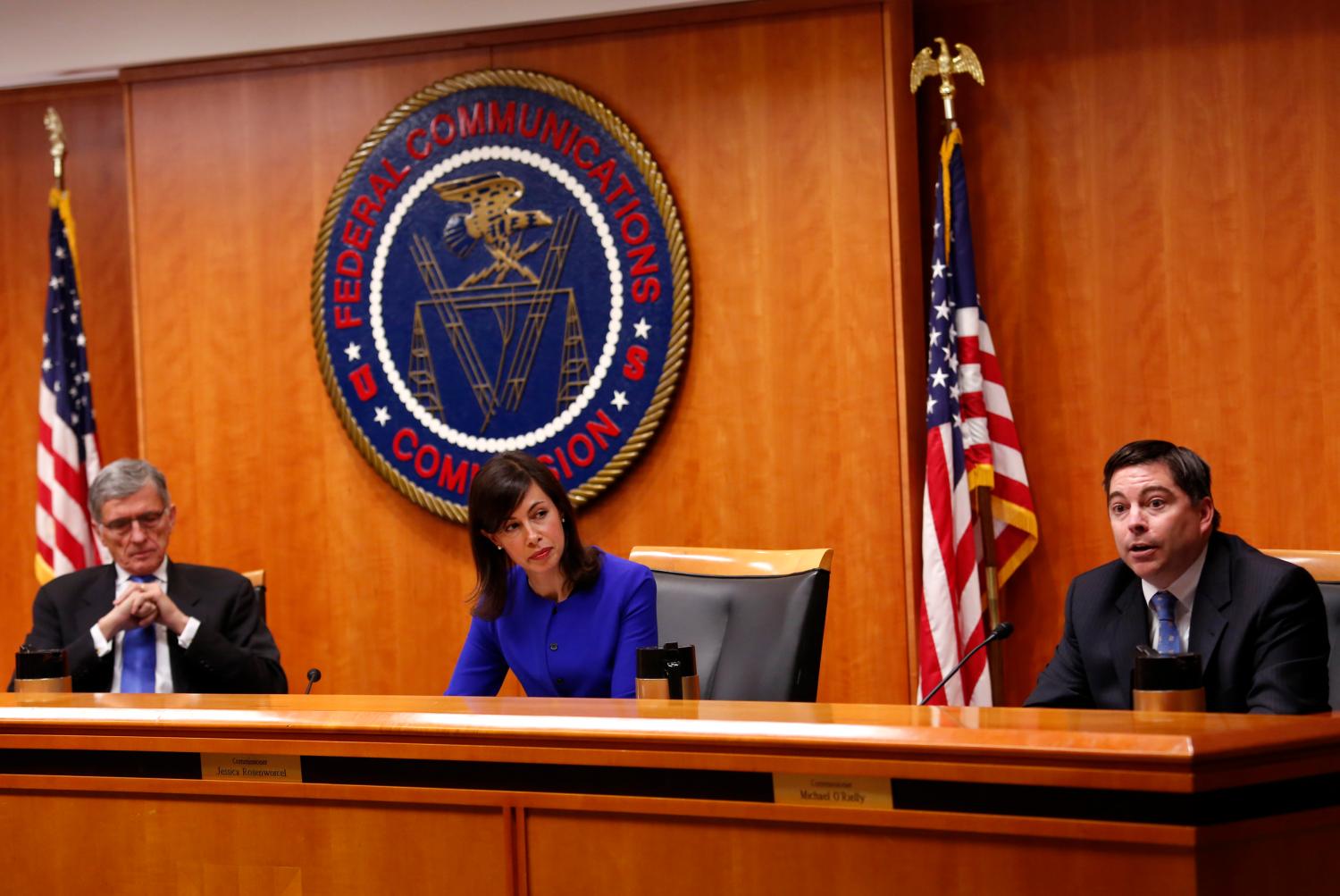 Federal Communications Commission (FCC) commissioner Michael O'Rielly (R) speaks at a FCC Net Neutrality hearing in Washington February 26, 2015